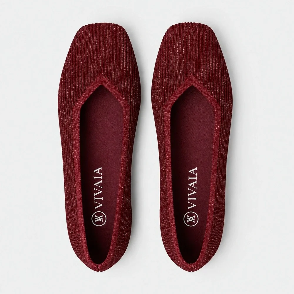 Vivaia Margot 2.0 Sparkle Burgundy Square Toe Knit Flats EU 39 Us 8